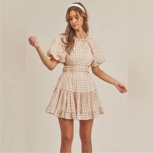 Mable Tan & White Gingham Checked Cutout Back Flared Mini Dress
